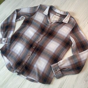 Thread & Supply Free Flowing Brown Plaid Button-Up Shirt Sz L